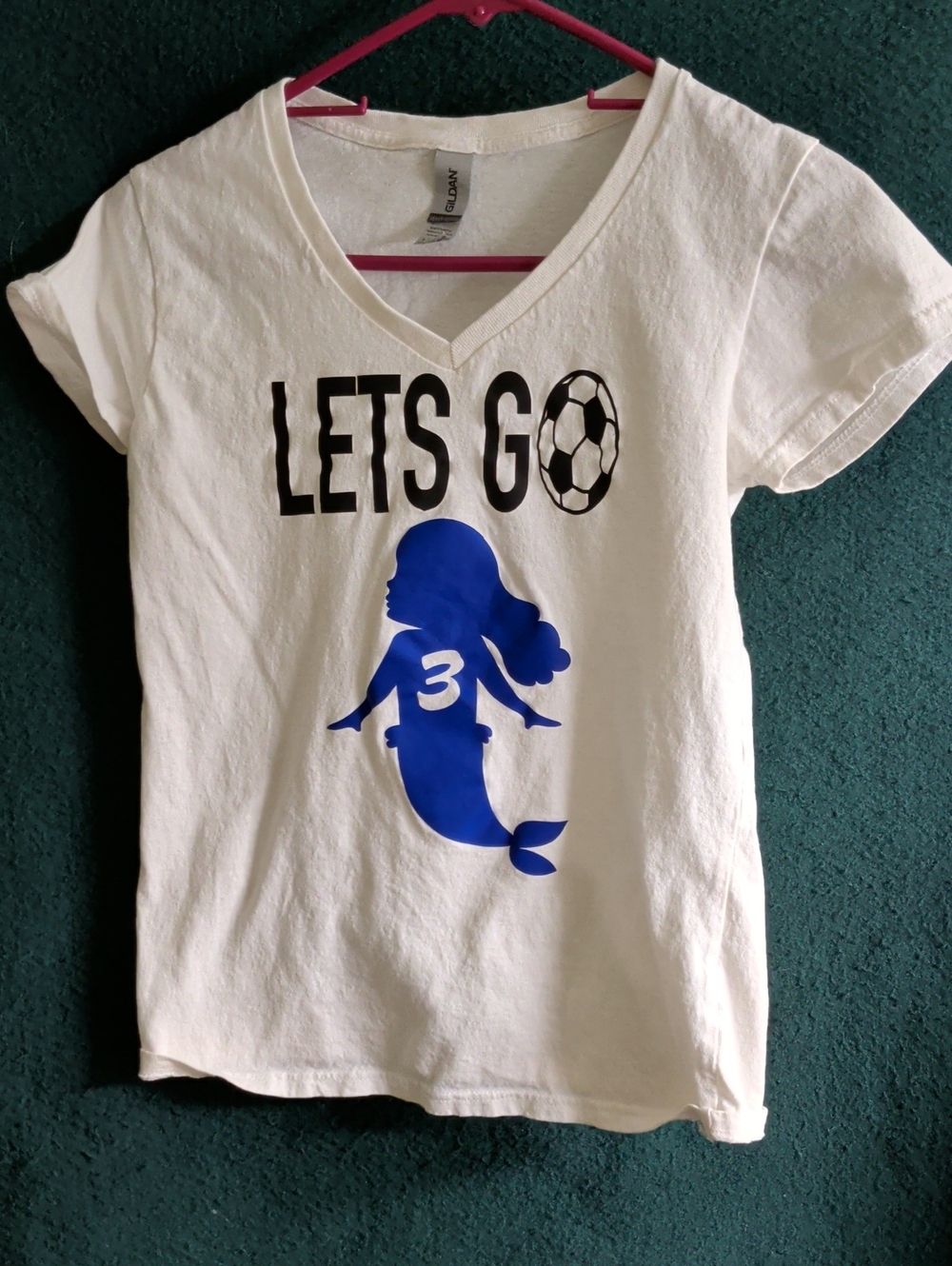 Gildan White V-Neck Tee with Blue Mermaid Soccer Graphic
